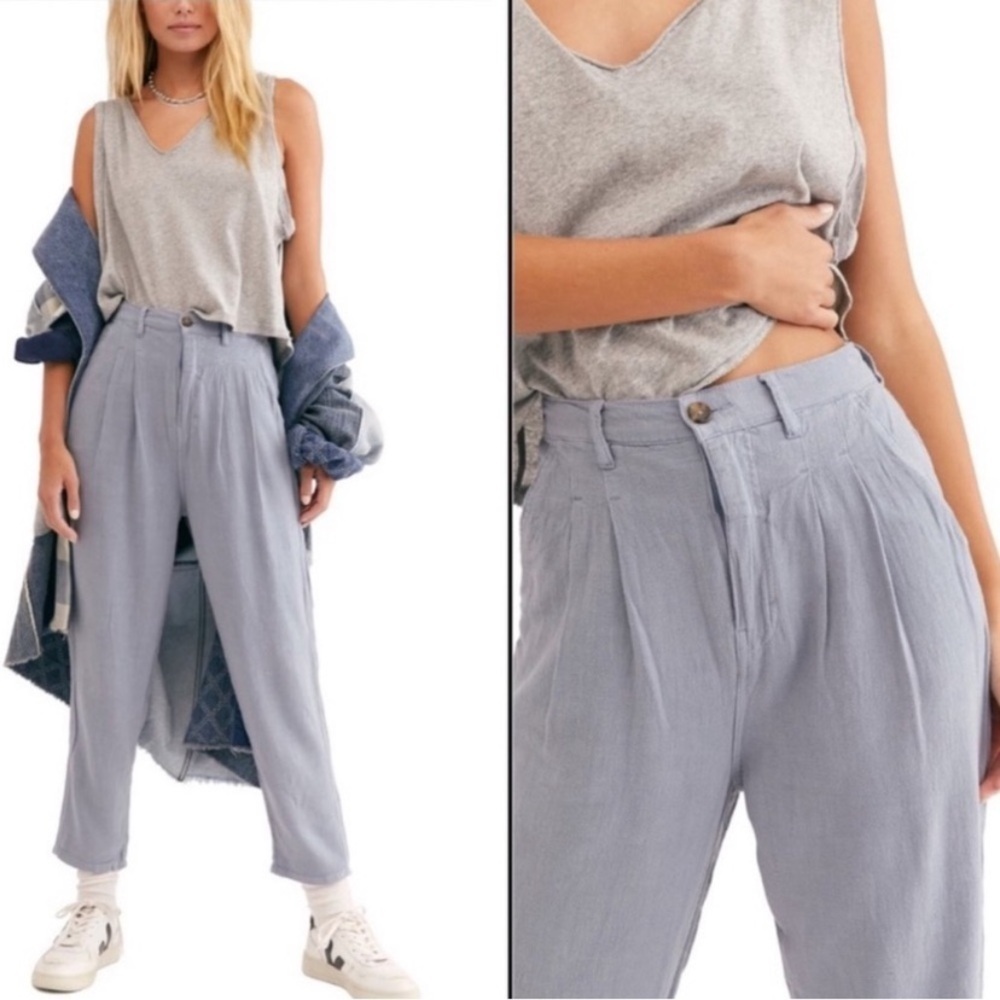 We The Free Gray Linen Blend High Rise Tapered Trousers in Color Wave Size 28